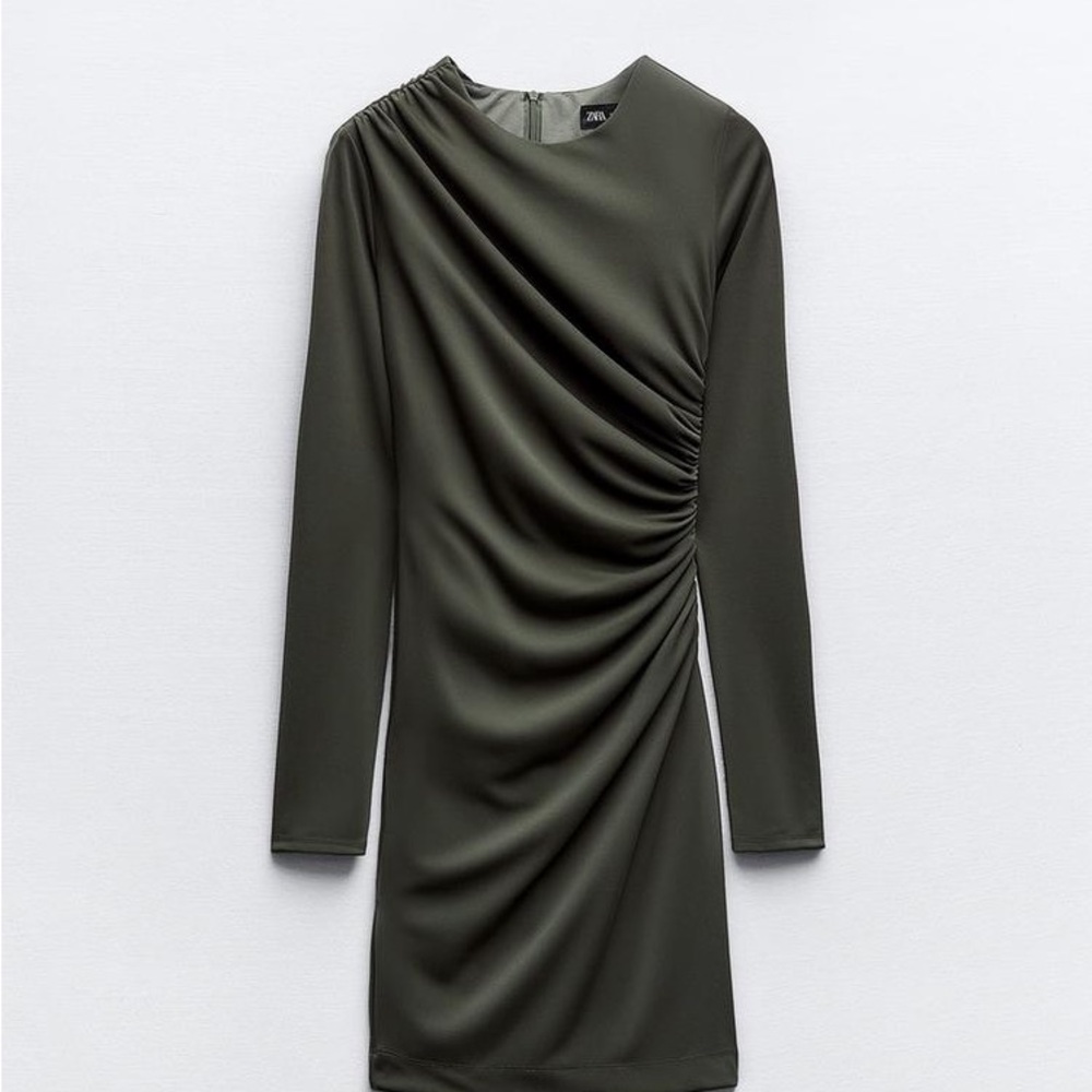NWT- Zara - long sleeve mini draped dress. Dark Green - XS